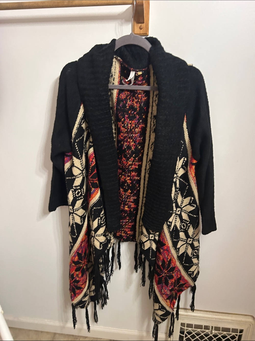 NY Collection Black Open-Front Shawl Cardigan with Floral Accent